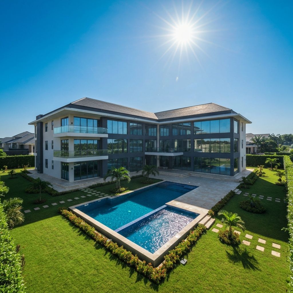Luxury villa estate in Lagos Nigeria with infinity pool and tropical landscaping at sunset
